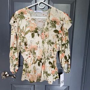 Zara floral blouse with front ties details
